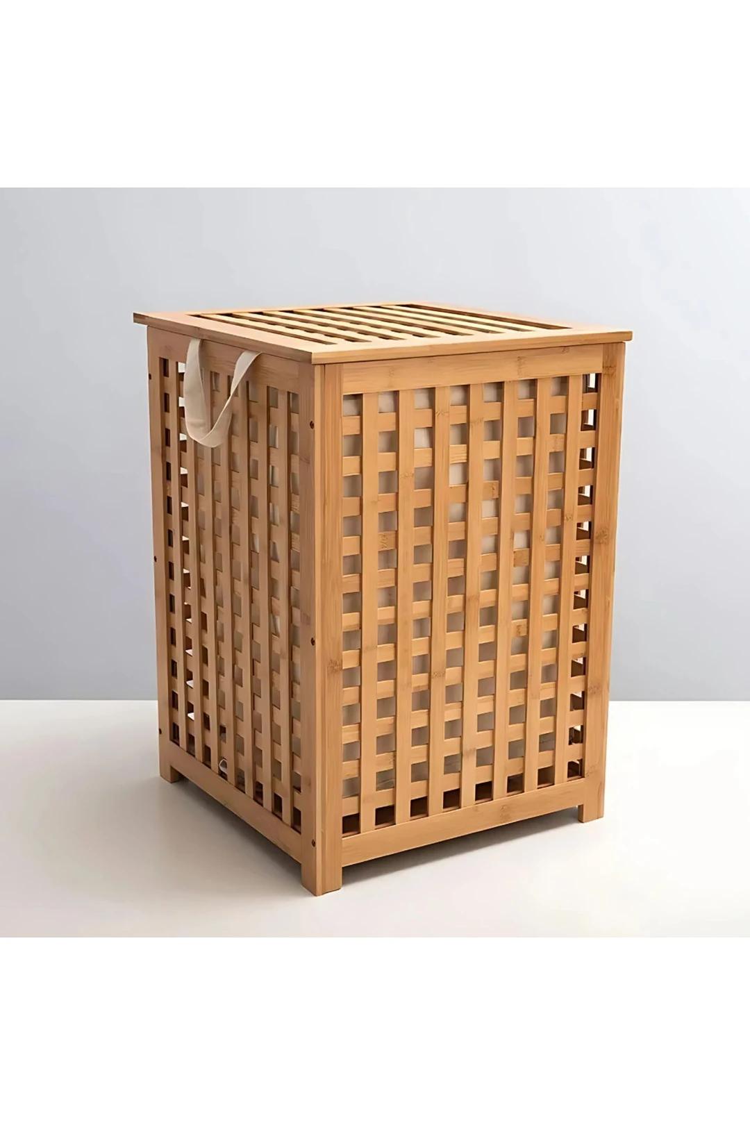 Bambu Kare Dekoratif Çamaşır Sepeti 45x45x62
