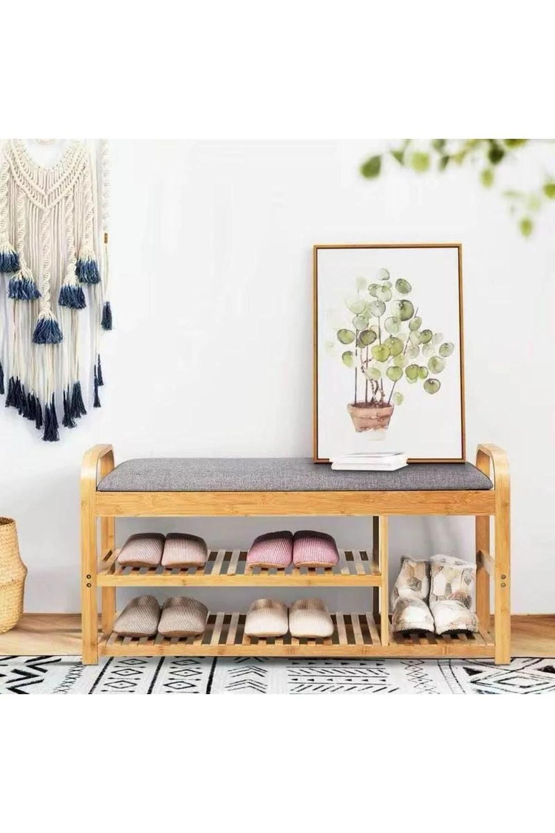 Oturaklı Bambu Ayakkabılık 100x50x33.5 Natural
